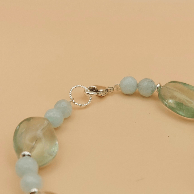 Green and clear bracelet with quartz, jade and sterling silver beads