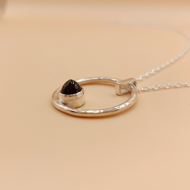 Sterling silver hammered disc and smoky quartz necklace