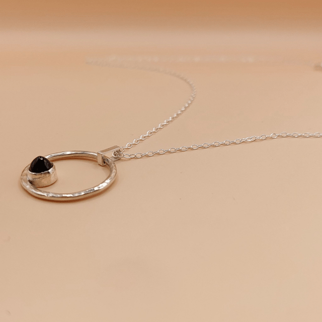 Sterling silver hammered disc and smoky quartz necklace