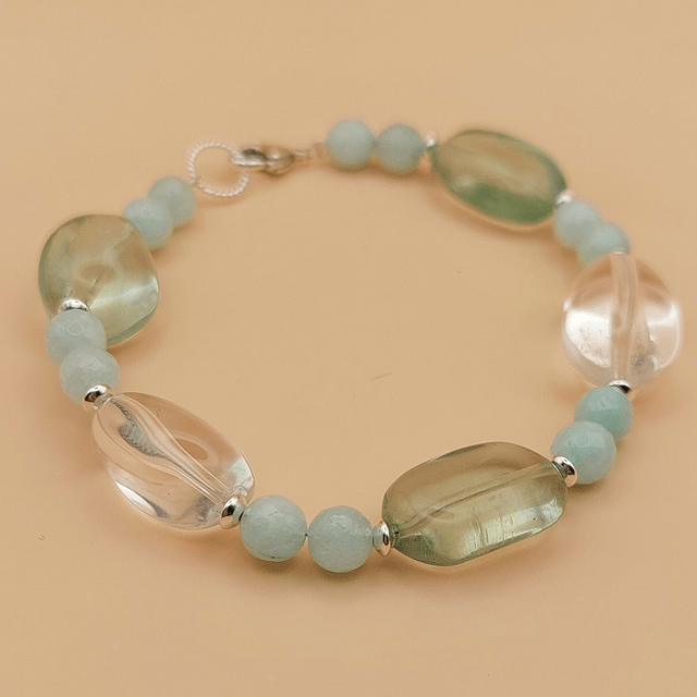 Green and clear bracelet with quartz, jade and sterling silver beads